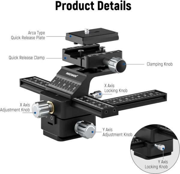 Neewer Pro 4-Way Arca Macro Focusing Focus Rail Slider Close-Up Shooting - Plaza Cameras 11 Neewer Pro 4-Way Arca Macro Focusing Focus Rail Slider Close-Up Shooting - Plaza Cameras